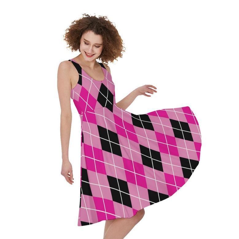 Black And Pink Argyle Pattern Print Sleeveless Knee Length Dress