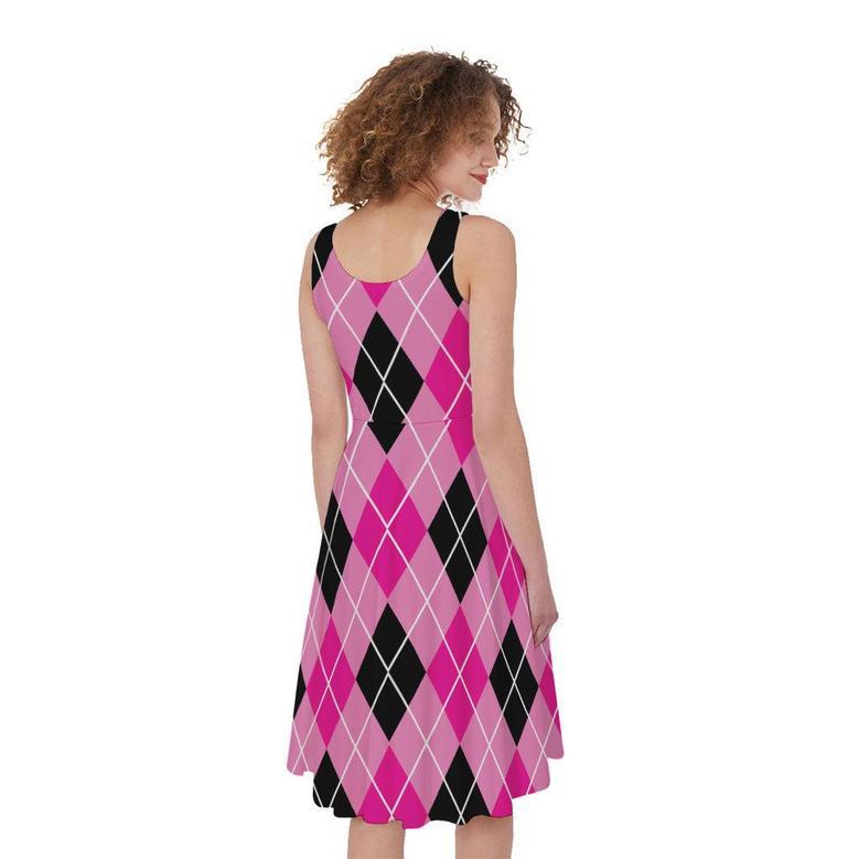 Black And Pink Argyle Pattern Print Sleeveless Knee Length Dress