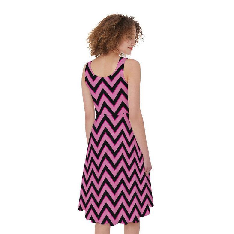 Black And Pink Chevron Pattern Print Sleeveless Knee Length Dress