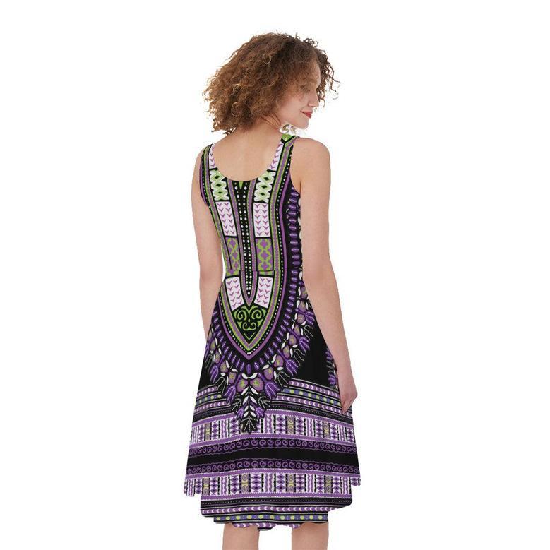 Black And Purple African Dashiki Print Sleeveless Knee Length Dress