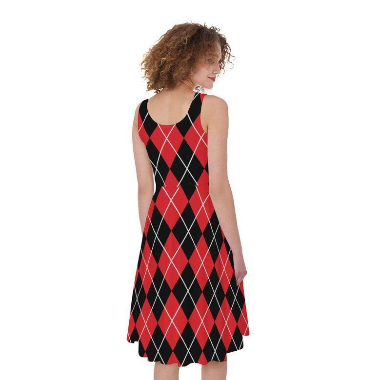 Black And Red Argyle Pattern Print Sleeveless Knee Length Dress