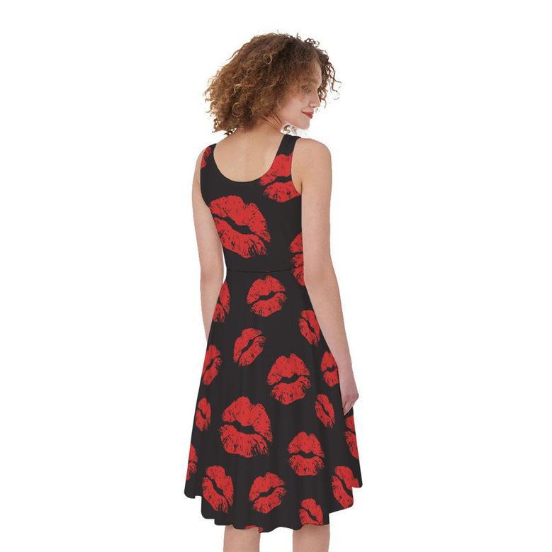 Black And Red Lips Pattern Print Sleeveless Knee Length Dress