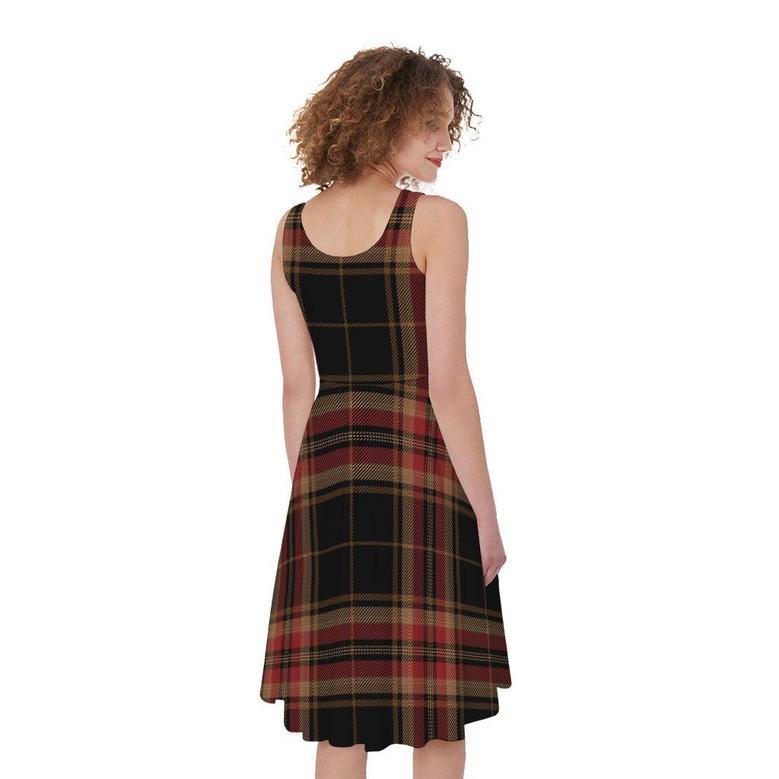 Black And Red Stewart Tartan Print Sleeveless Knee Length Dress