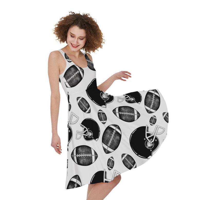 Black And White American Football Print Sleeveless Knee Length Dress