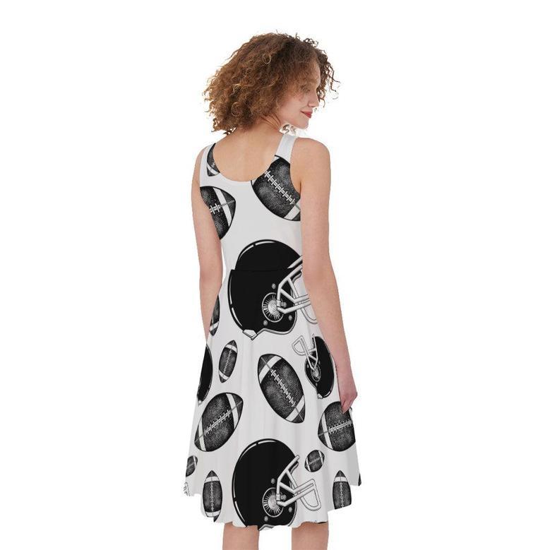 Black And White American Football Print Sleeveless Knee Length Dress