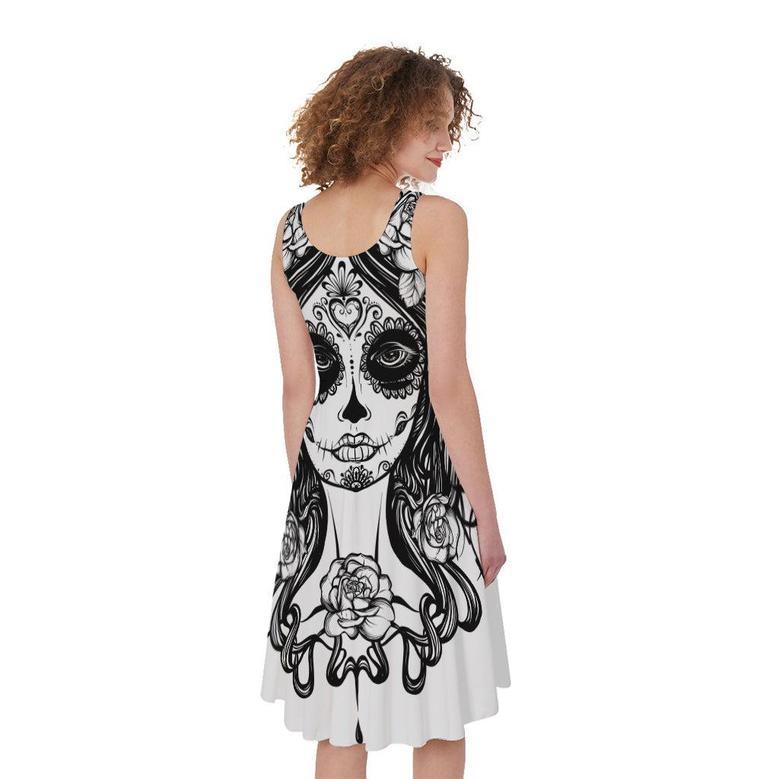 Black And White Calavera Girl Print Sleeveless Knee Length Dress