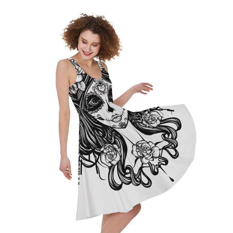 Black And White Calavera Girl Print Sleeveless Knee Length Dress