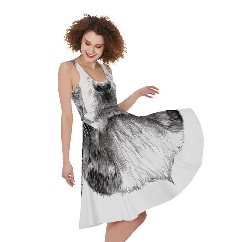 Black And White Drawing Beagle Print Sleeveless Knee Length Dress