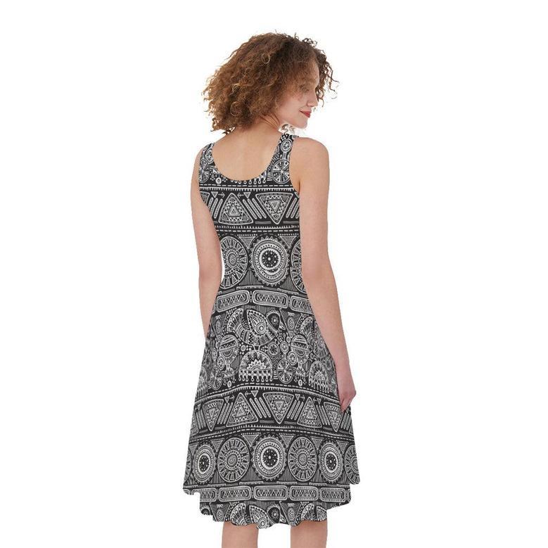 Black And White Ethnic Pattern Print Sleeveless Knee Length Dress