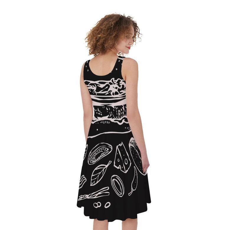 Black And White Hamburger Print Sleeveless Knee Length Dress