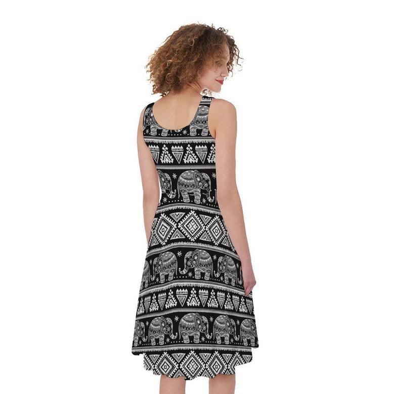 Black And White Indian Elephant Print Sleeveless Knee Length Dress