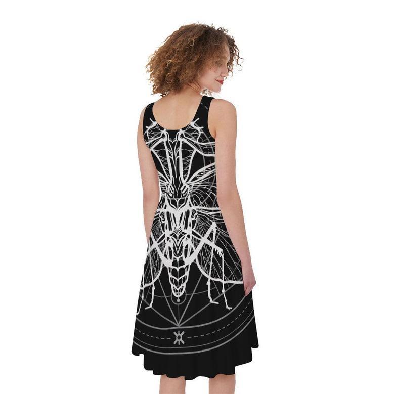 Black And White Mantis Spirit Print Sleeveless Knee Length Dress