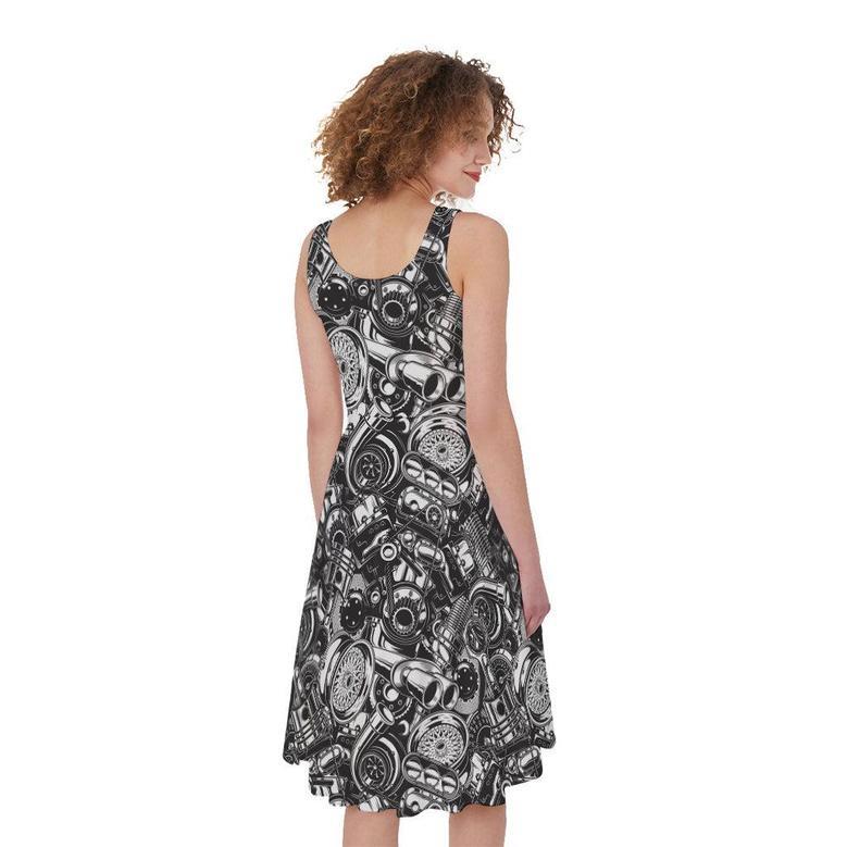 Black And White Mechanic Pattern Print Sleeveless Knee Length Dress