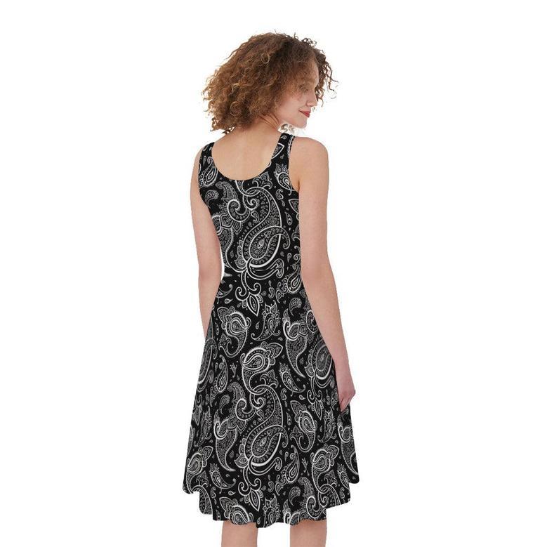 Black And White Paisley Pattern Print Sleeveless Knee Length Dress