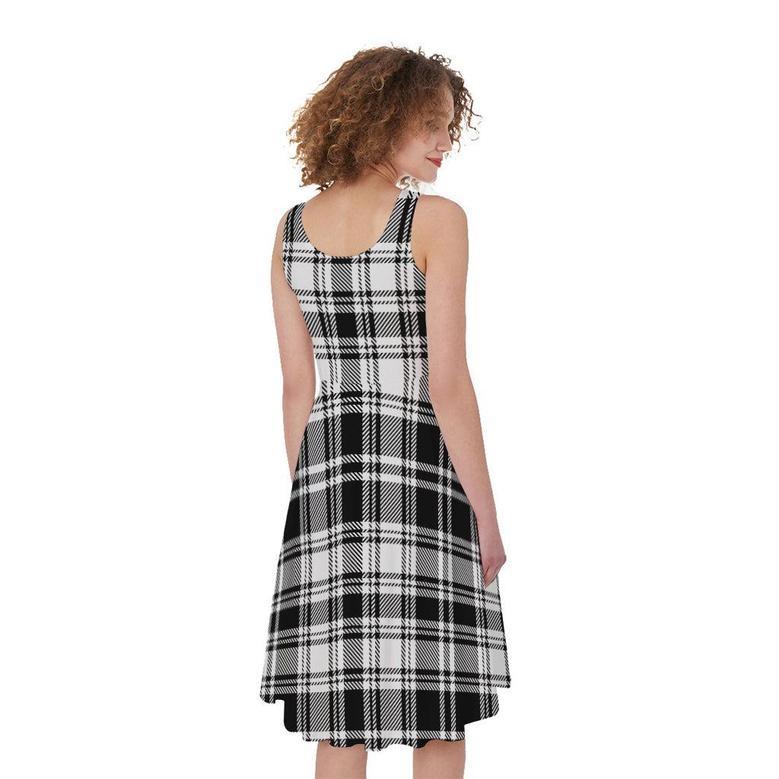 Black And White Plaid Pattern Print Sleeveless Knee Length Dress