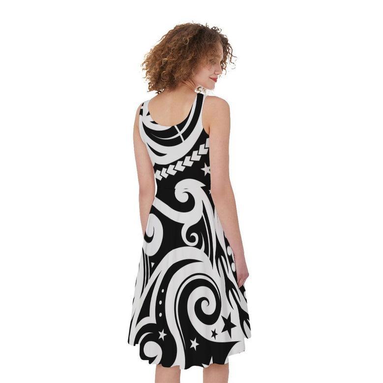 Black And White Polynesian Tattoo Print Sleeveless Knee Length Dress