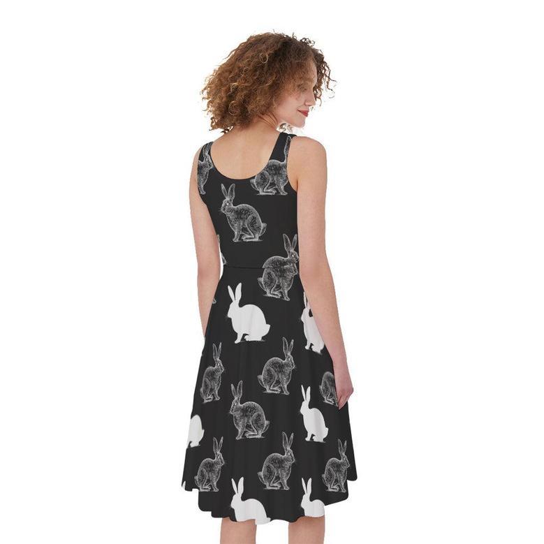 Black And White Rabbit Pattern Print Sleeveless Knee Length Dress