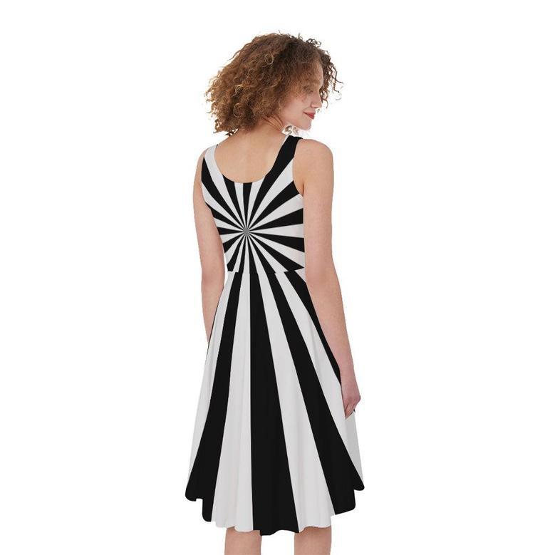 Black And White Radial Rays Print Sleeveless Knee Length Dress