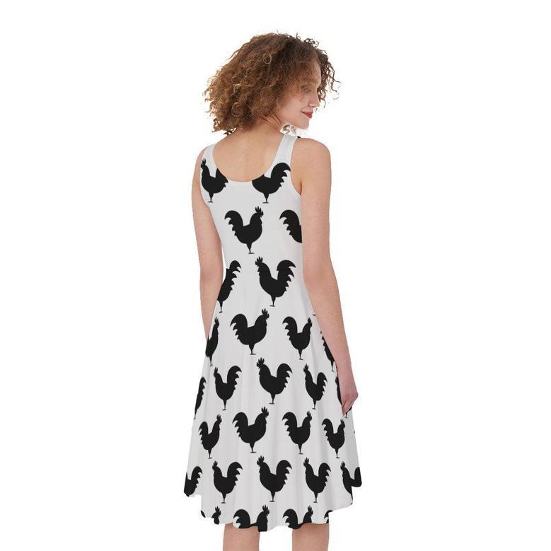 Black And White Rooster Pattern Print Sleeveless Knee Length Dress