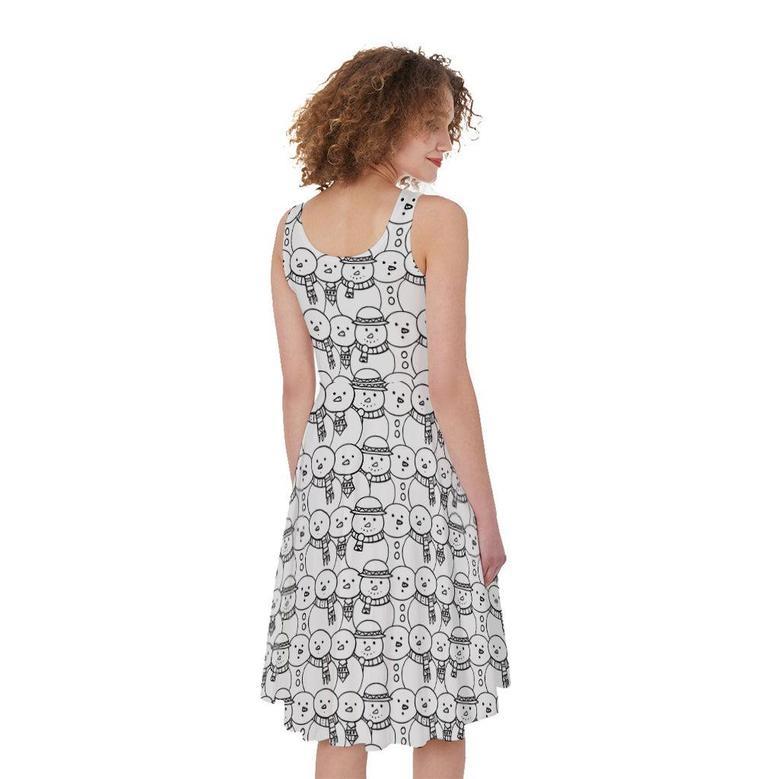 Black And White Snowman Pattern Print Sleeveless Knee Length Dress