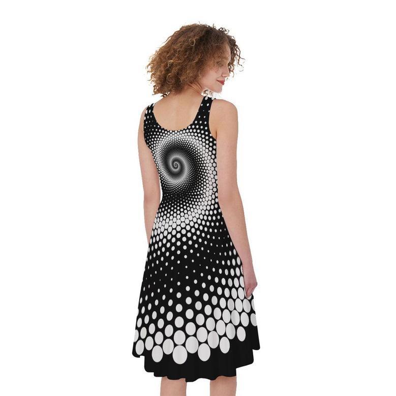 Black And White Spiral Dot Print Sleeveless Knee Length Dress