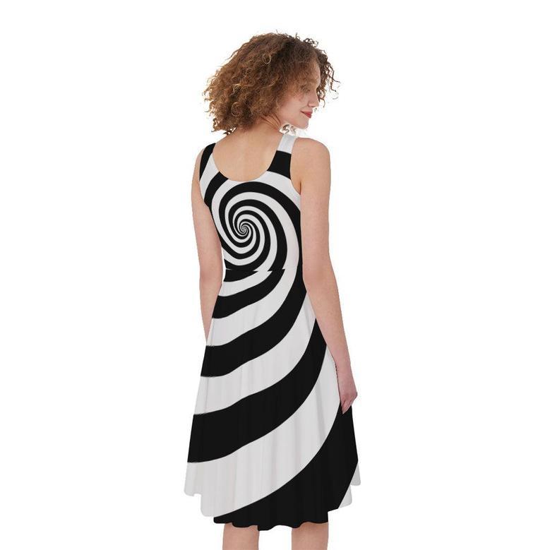 Black And White Spiral Illusion Print Sleeveless Knee Length Dress