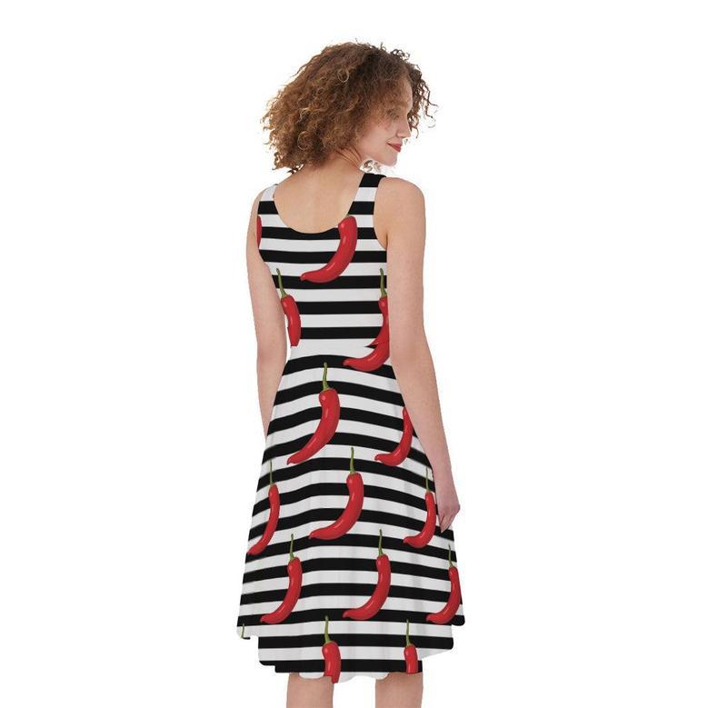 Black And White Striped Chili Print Sleeveless Knee Length Dress