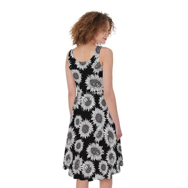 Black And White Sunflower Pattern Print Sleeveless Knee Length Dress