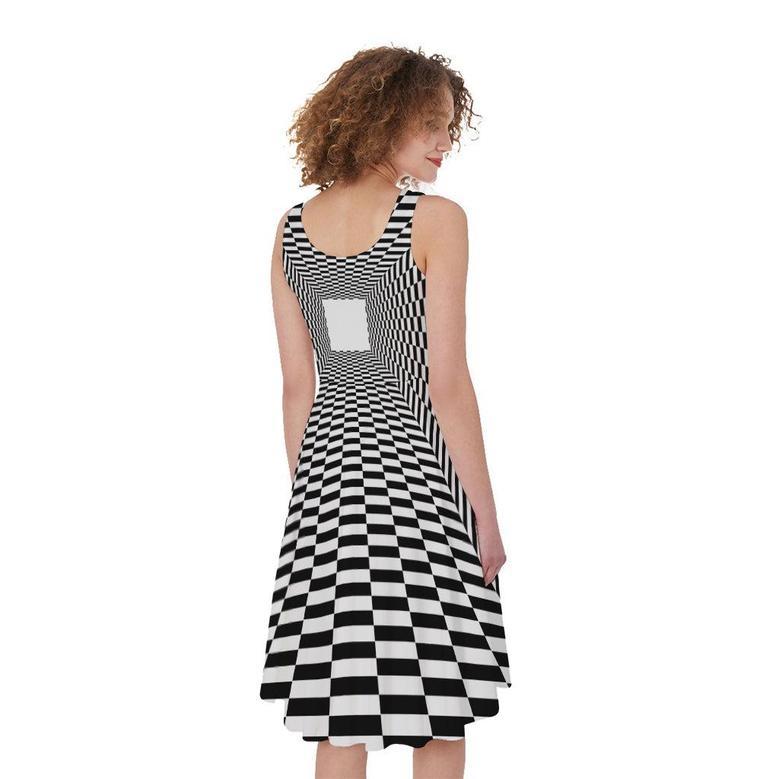 Black And White Tunnel Illusion Print Sleeveless Knee Length Dress