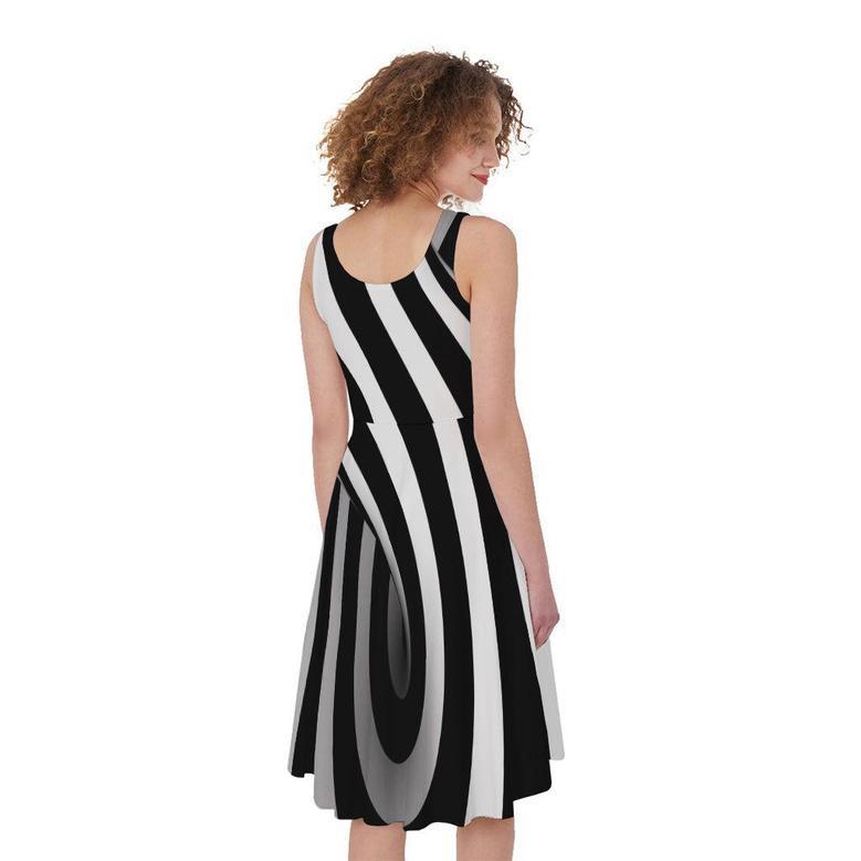 Black And White Twist Illusion Print Sleeveless Knee Length Dress