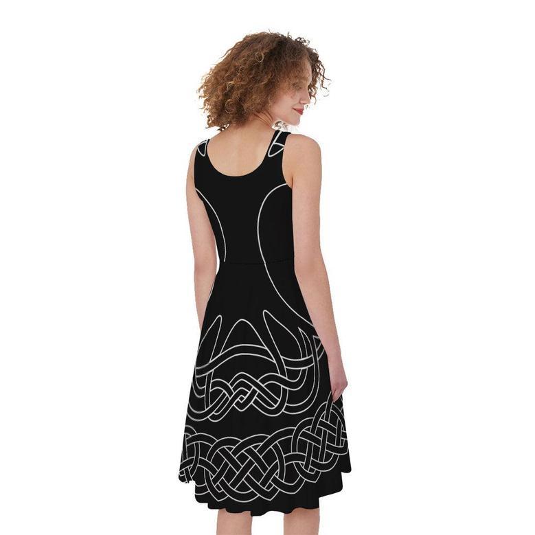 Black And White Viking Yggdrasil Print Sleeveless Knee Length Dress