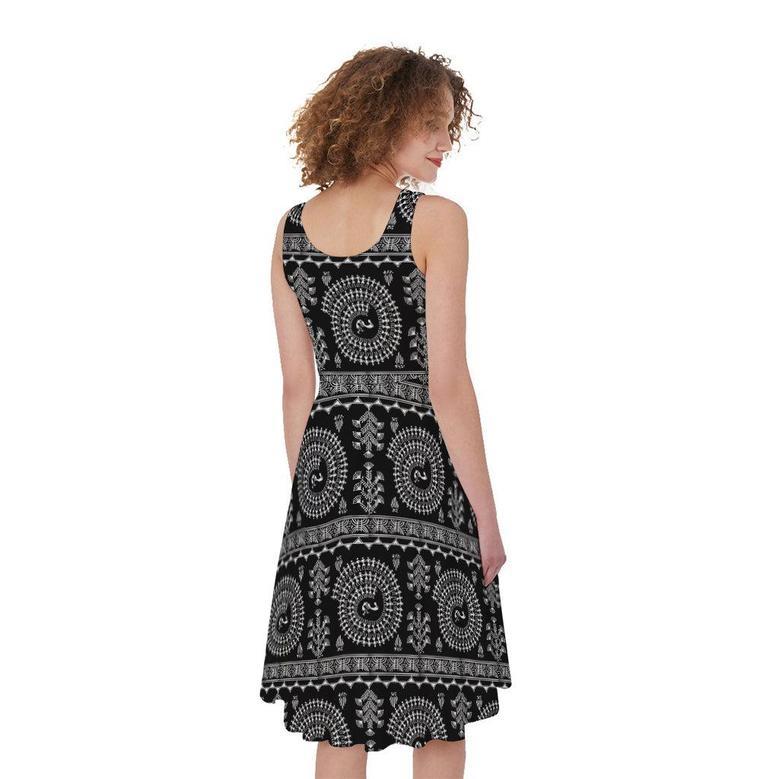 Black And White Warli Tribal Print Sleeveless Knee Length Dress