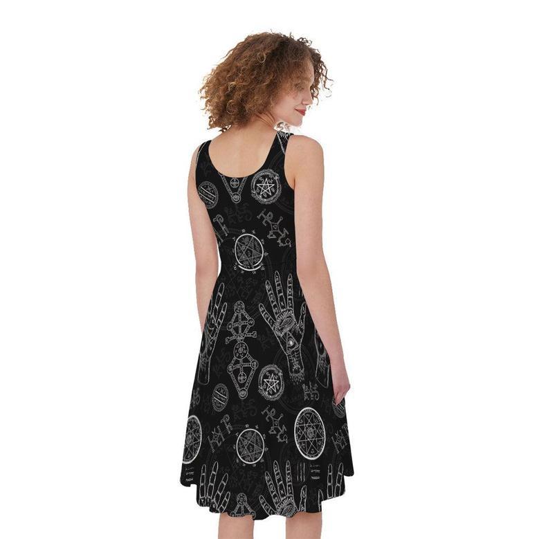 Black And White Wiccan Palmistry Print Sleeveless Knee Length Dress