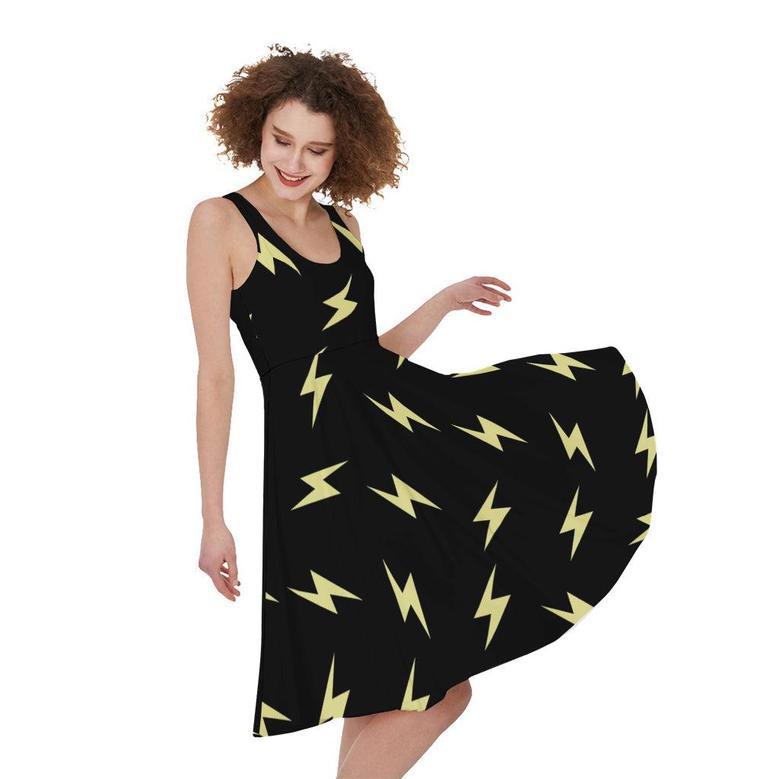 Black And Yellow Lightning Pattern Print Sleeveless Knee Length Dress