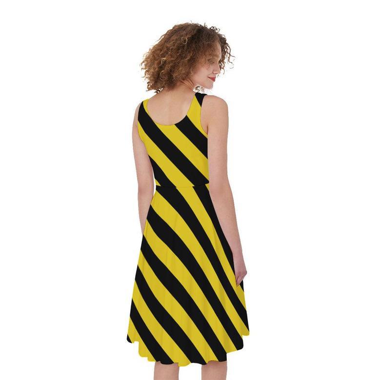 Black And Yellow Warning Striped Print Sleeveless Knee Length Dress