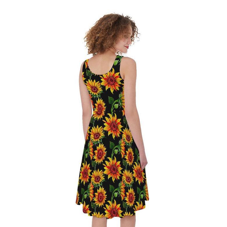 Black Autumn Sunflower Pattern Print Sleeveless Knee Length Dress