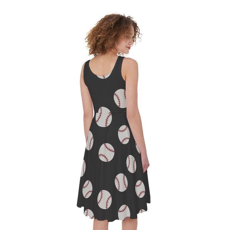 Black Baseball Pattern Print Sleeveless Knee Length Dress