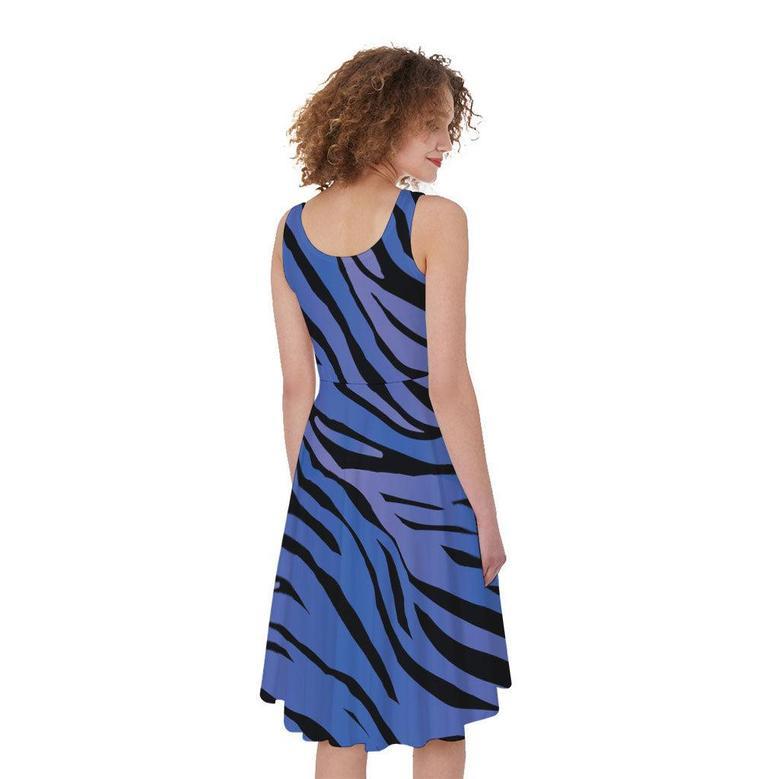 Black Blue Zebra Pattern Print Sleeveless Knee Length Dress