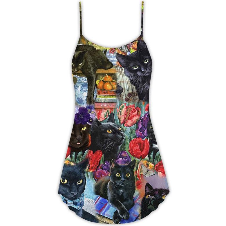 Black Cat Art With Flowers - V-Neck Sleeveless Cami Dress