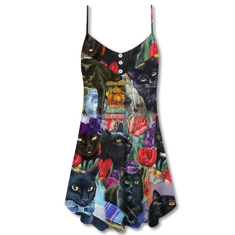 Black Cat Art With Flowers - V-Neck Sleeveless Cami Dress