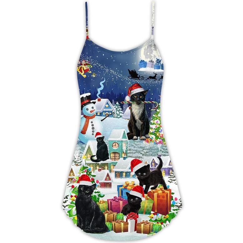 Black Cat Merry Catmas Christmas - V-Neck Sleeveless Cami Dress