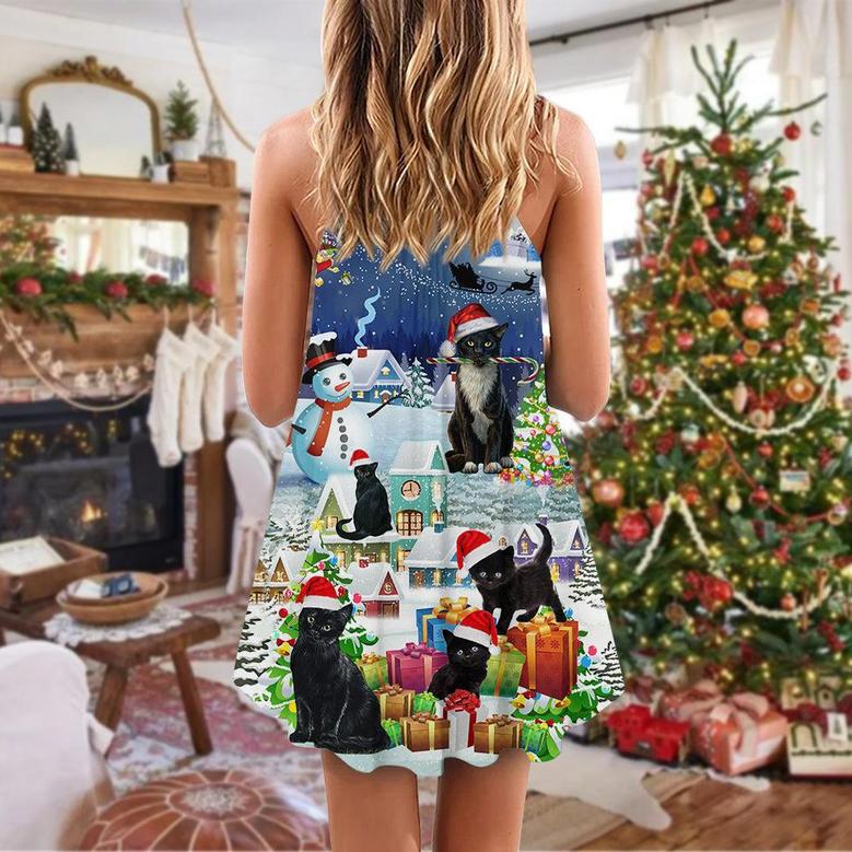 Black Cat Merry Catmas Christmas - V-Neck Sleeveless Cami Dress