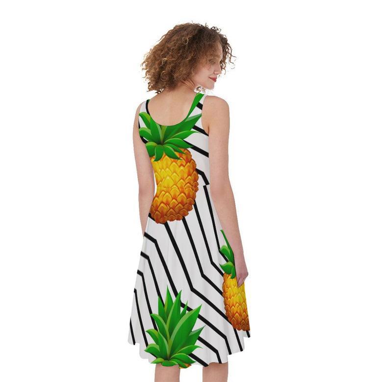 Black Geometric Pineapple Pattern Print Sleeveless Knee Length Dress