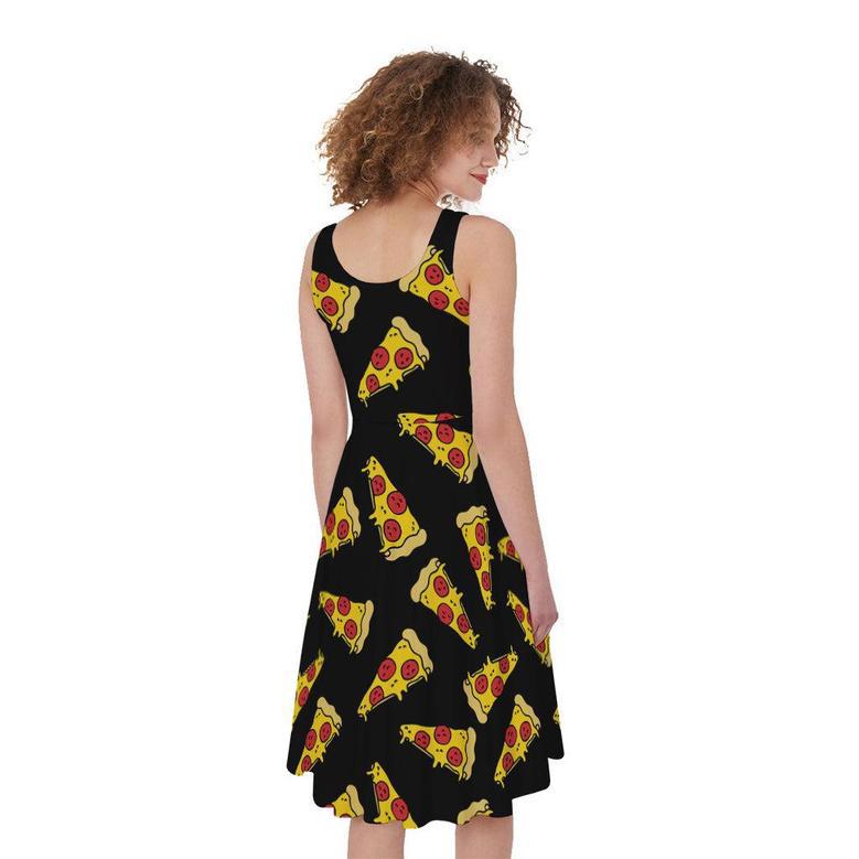 Black Pizza Pattern Print Sleeveless Knee Length Dress