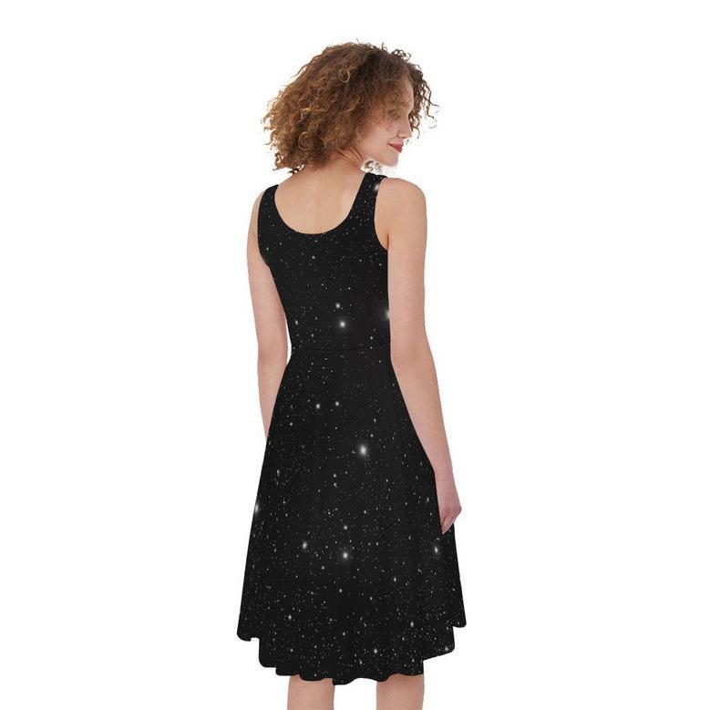 Black Space Print Sleeveless Knee Length Dress