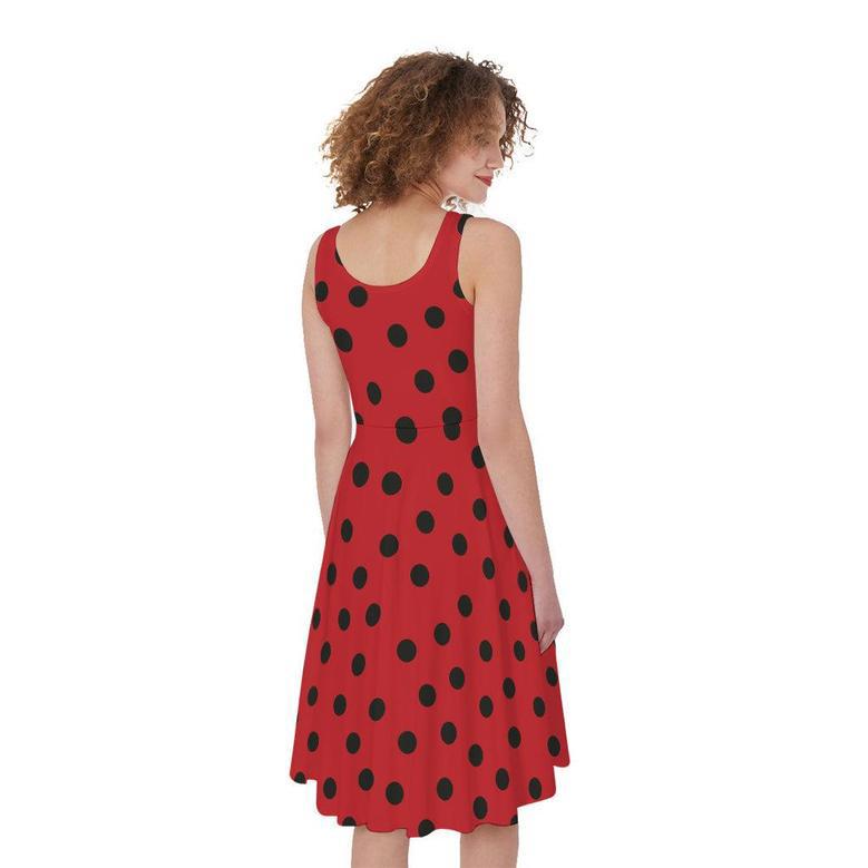 Black Spots Ladybird Pattern Print Sleeveless Knee Length Dress