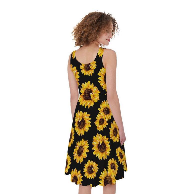 Black Sunflower Pattern Print Sleeveless Knee Length Dress