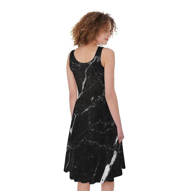 Black White Scratch Marble Print Sleeveless Knee Length Dress