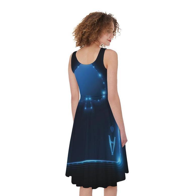 Blue Ace Card Print Sleeveless Knee Length Dress