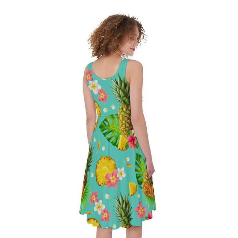 Blue Aloha Pineapple Pattern Print Sleeveless Knee Length Dress